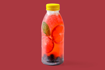 Bubble gum lemonade with currants, lime, mint, bubble gum syrup, ice, soda water on red background for food delivery website 1