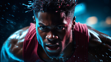 Close-up of black sportsman in action. Dramatic and cinematographic scene with warm and cold tones. Image of great impact and dynamism. Competition sports advertising photography concept.