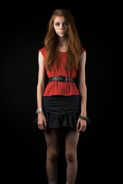 Full view of a teen girl with eating disorders. Skinny, thin, slim, anorexic, anorexia. black background. standing.