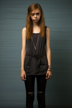 Full view of a teen girl with eating disorders. Skinny, thin, slim, anorexic, anorexia. Angry, sad expression. light colored brown and blond hair. 