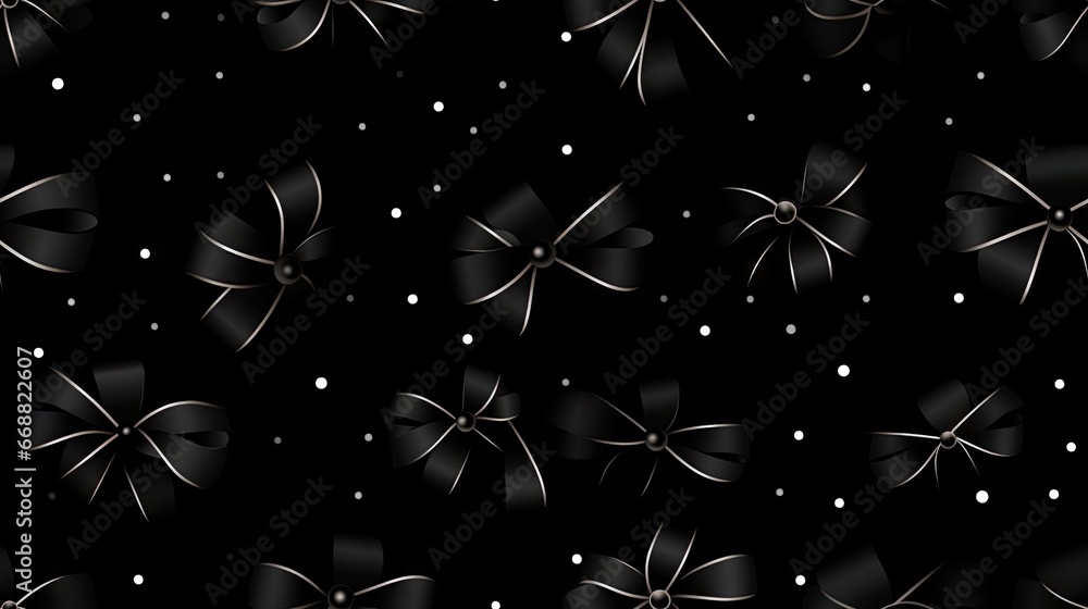 Poster a black background with a lot of bows and dots on it. generative ai
