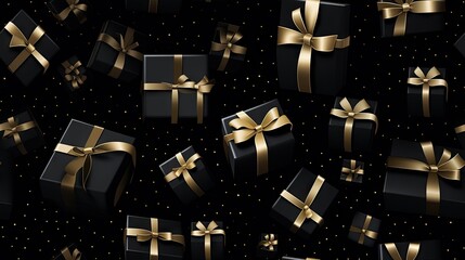  a lot of black and gold wrapped presents on a black background.  generative ai
