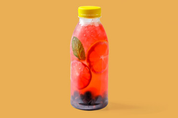 Bubble gum lemonade with currant, lime, mint, bubble gum syrup, ice, soda water on yellow background for food delivery website 1