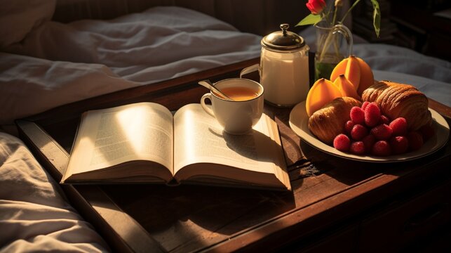 An idyllic breakfast in bed setup, a tray filled with fresh fruit, croissants, and a newspaper.