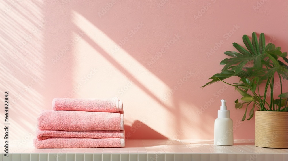 Poster a stack of towels and a bottle of lotion on a table. generative ai