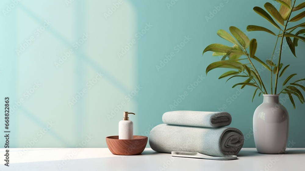 Aufkleber a white table with towels and a vase with a plant in it. generative ai