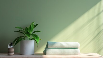 Fototapeta na wymiar two towels and a potted plant sit on a shelf. generative ai