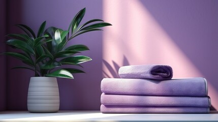 Fototapeta na wymiar a stack of purple towels next to a potted plant. generative ai