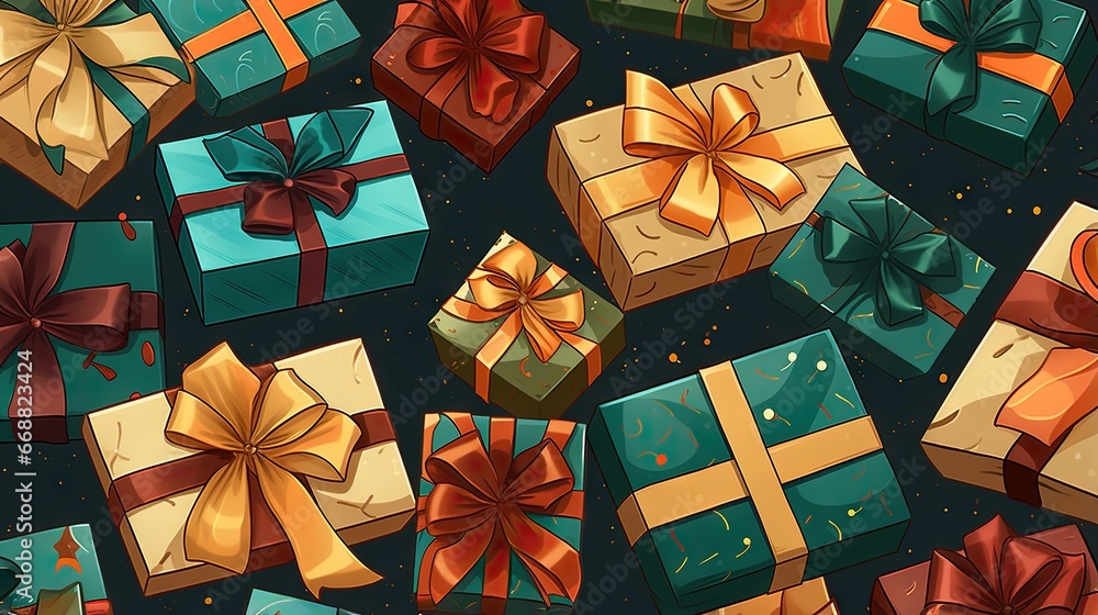 Poster a lot of presents that are wrapped in different colors and sizes. generative ai
