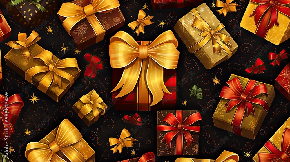 Poster a lot of presents that are on a table with bows. generative ai