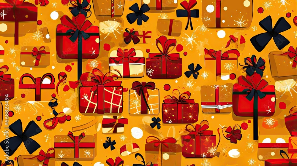 Poster a pattern of presents on a yellow background with snowflakes. generative ai