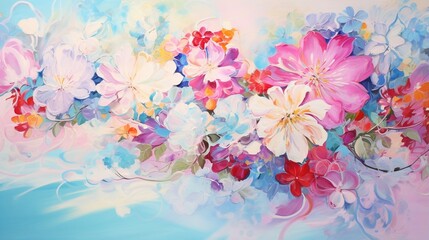  a painting of flowers on a blue and pink background with white and red flowers.  generative ai