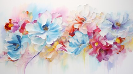  a painting of colorful flowers on a white wall with a blue and pink background.  generative ai