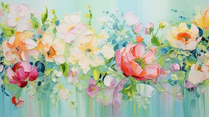  a painting of flowers on a blue and green background with white and pink flowers.  generative ai