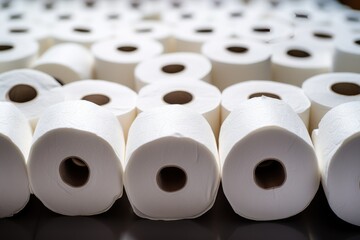Many white toilet paper rolls on black background. Shallow depth of field. Hygiene concept with a copy space.