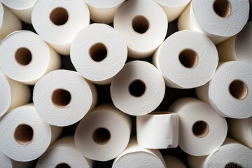 Close up of white toilet paper rolls. Top view. Selective focus. Hygiene concept with a copy space.