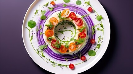  a white plate topped with a purple cake covered in veggies.  generative ai