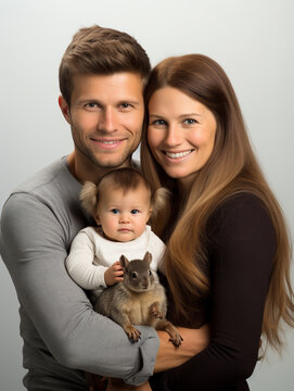 A Studio Portrait Photo of a Young Family Posing with a Squirrel