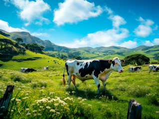 Fototapeta na wymiar Cow in field. Cows graze on field with green grass at farm. Aerial view of a farm field with cow grazes eating grass to make fresh milk. AI Generated