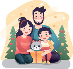 Happy Family with Cat at Christmas