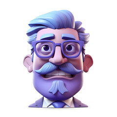 Isolated 3D rendered icon of a confused old man cartoon character, cute cartoon style face of a person with moustache and eye glasses