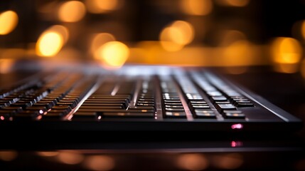 Close-up of a laptop's backlit keyboard, illuminating the silhouette of a modern mouse.