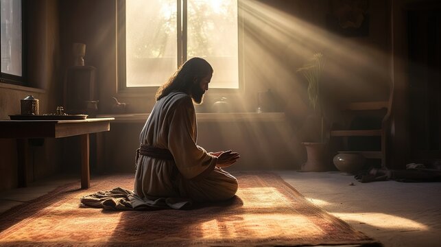 An ancient Middle Eastern man kneels in prayer in his religious home. Created using Generative AI technology.