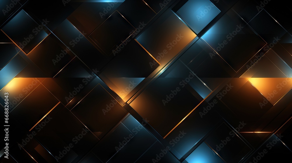Poster a dark background with gold and blue squares and squares on it. generative ai