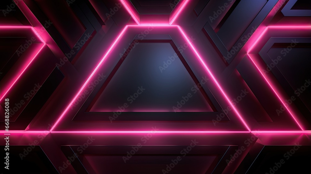 Poster a dark background with pink neon lights and hexagonal shapes. generative ai