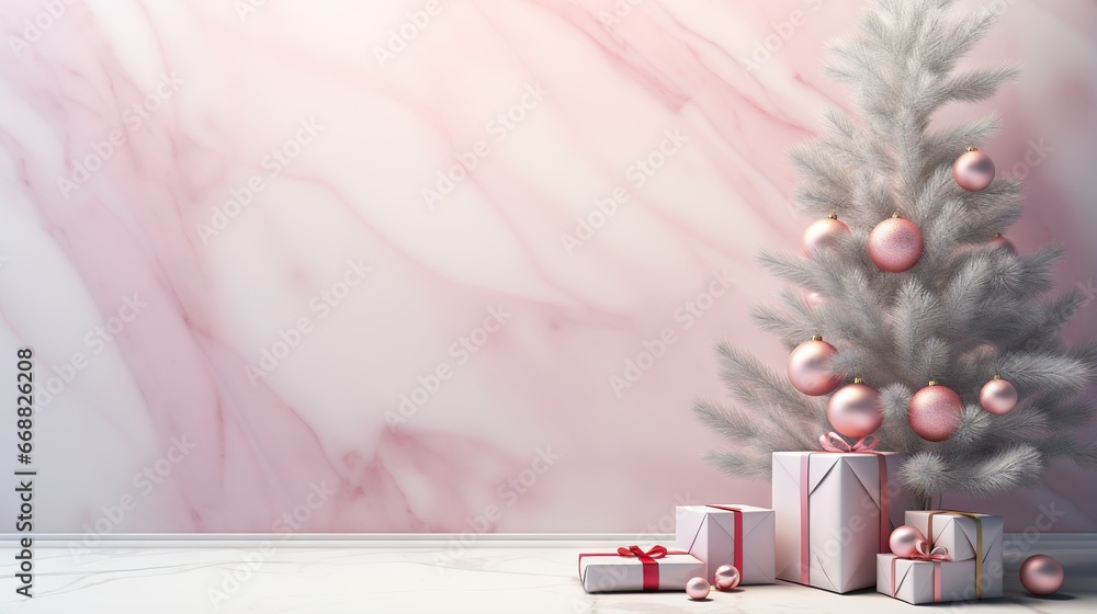 Poster a christmas tree with presents under it and a marble background. generative ai