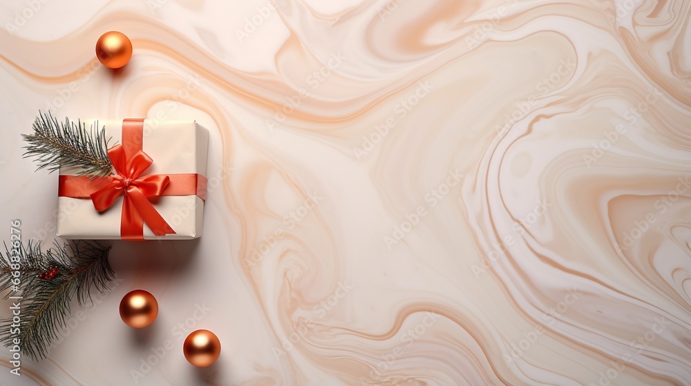 Poster a present box with a red ribbon and a red bow. generative ai