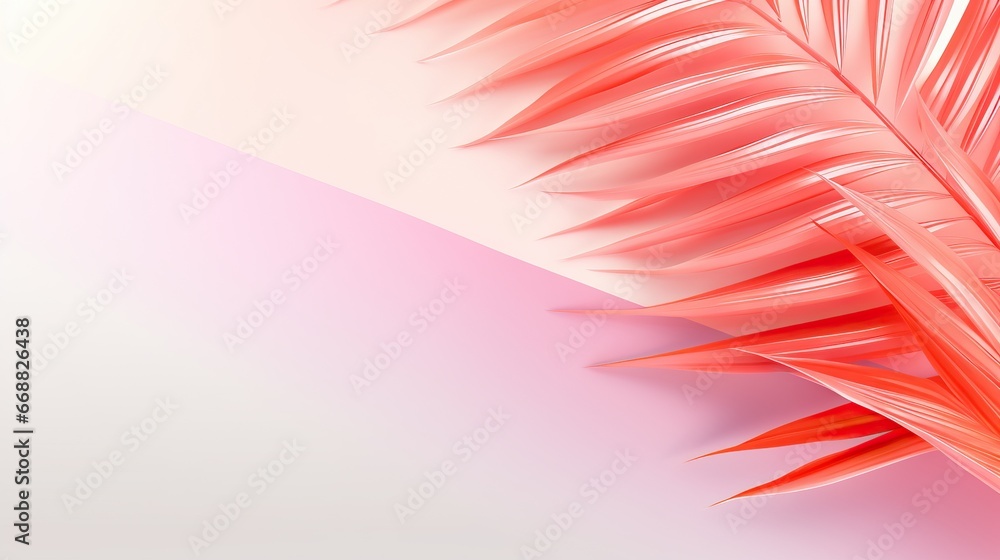 Poster a pink and white background with a palm leaf on it. generative ai