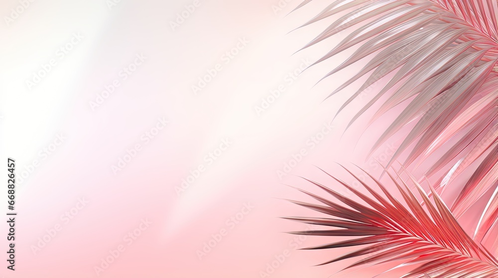 Aufkleber a pink and white background with a palm tree branch in the foreground. generative ai