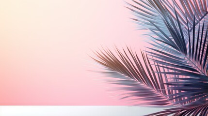 Fototapeta na wymiar a palm tree branch is shown against a pink and blue background. generative ai