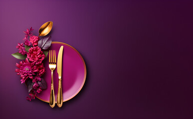 Purple background, gold cutlery, pink plate, red flowers, elegant table setting, spoon, fork, knife, festive, decorative, luxury  with copy space, website