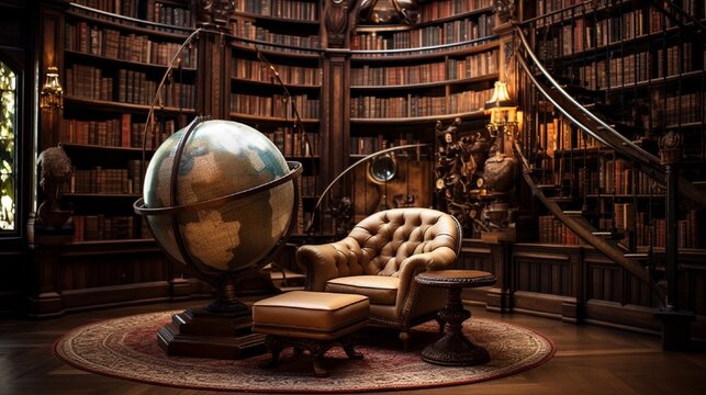 A home library with floor-to-ceiling bookshelves, a plush chair, and a vintage globe.