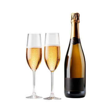 champagne bottle and glass,  PNG, transparent background