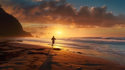 Fototapeta na wymiar A person in athletic gear running on a beach at sunrise, waves gently crashing nearby.
