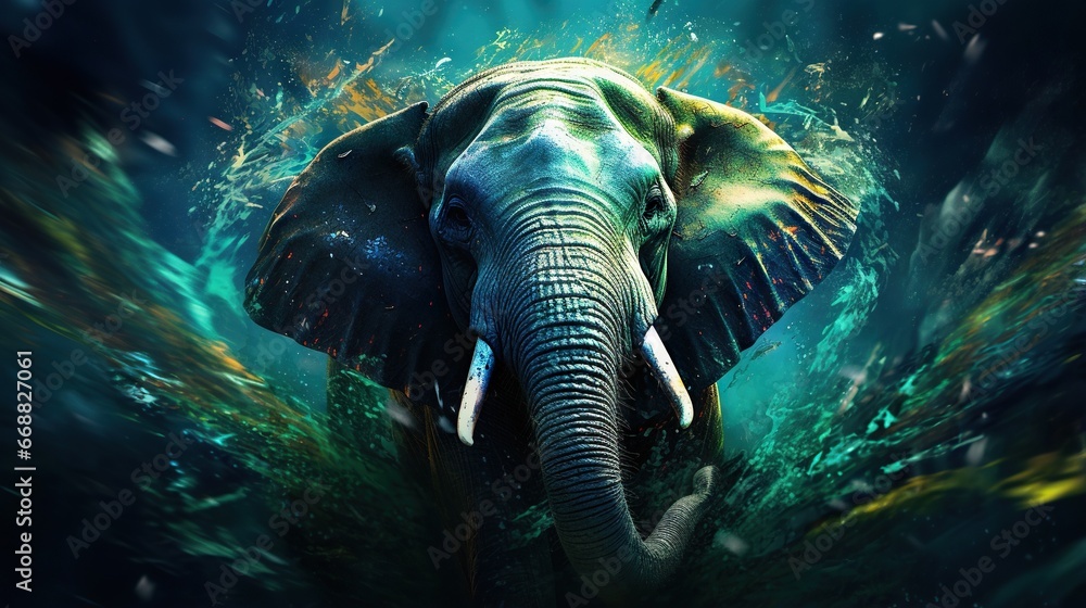Poster an elephant is in the water with its trunk out and its head turned to the side. generative ai