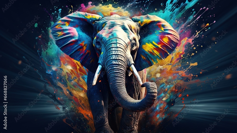 Poster an elephant with colorful paint splattered all over it's face. generative ai