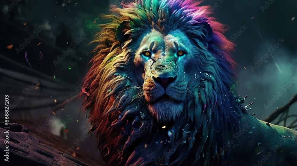 Poster a lion with multicolored mane and eyes looking at the camera. generative ai