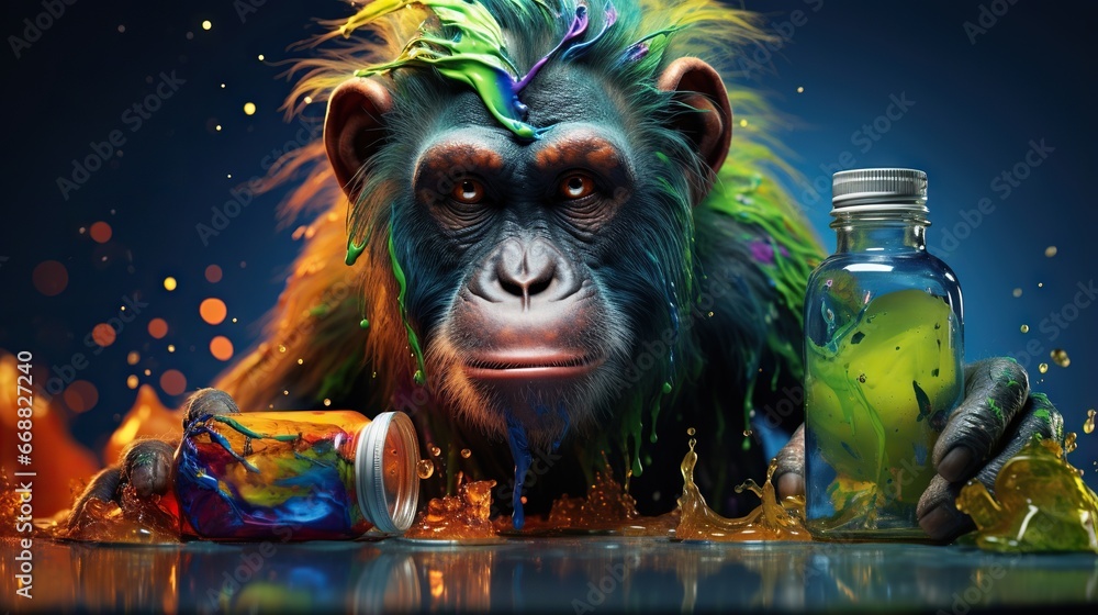 Poster a monkey with a green mohawk and a bottle of liquid. generative ai