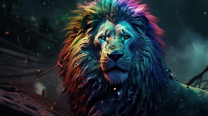  a lion with multicolored mane and eyes looking at the camera.  generative ai