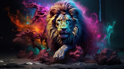  a lion is surrounded by colorful smoke and rocks in the dark.  generative ai - obrazy, fototapety, plakaty