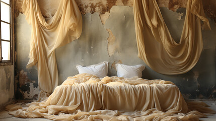 old bedroom with long curtains, sheets - obrazy, fototapety, plakaty