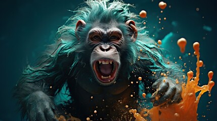  a monkey with its mouth open and its mouth is full of orange bubbles.  generative ai