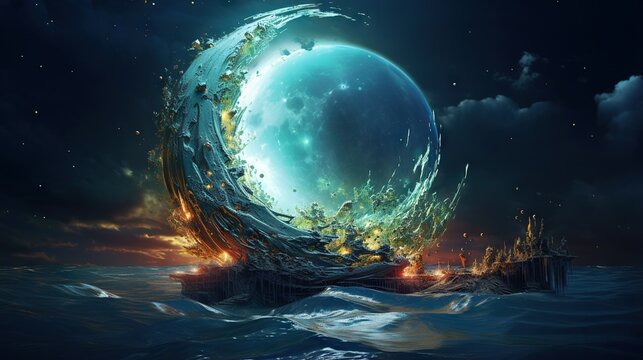  a painting of a giant moon in the middle of a body of water.  generative ai
