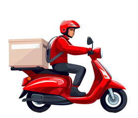 Delivery man driving a scooter on white background