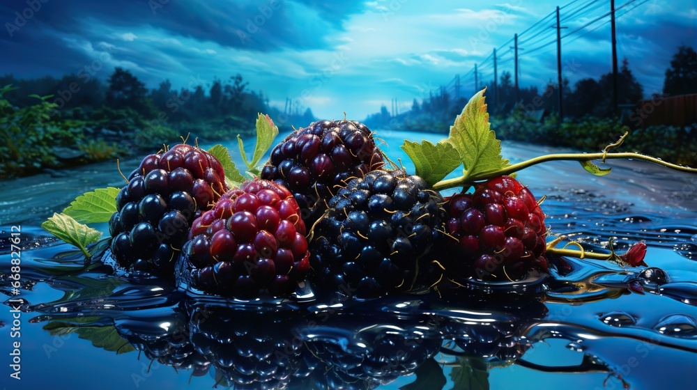 Poster a group of berries floating on top of a puddle of water. generative ai