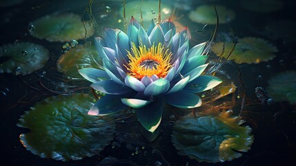 Fototapeta na wymiar a blue and yellow flower floating on top of a pond. generative ai